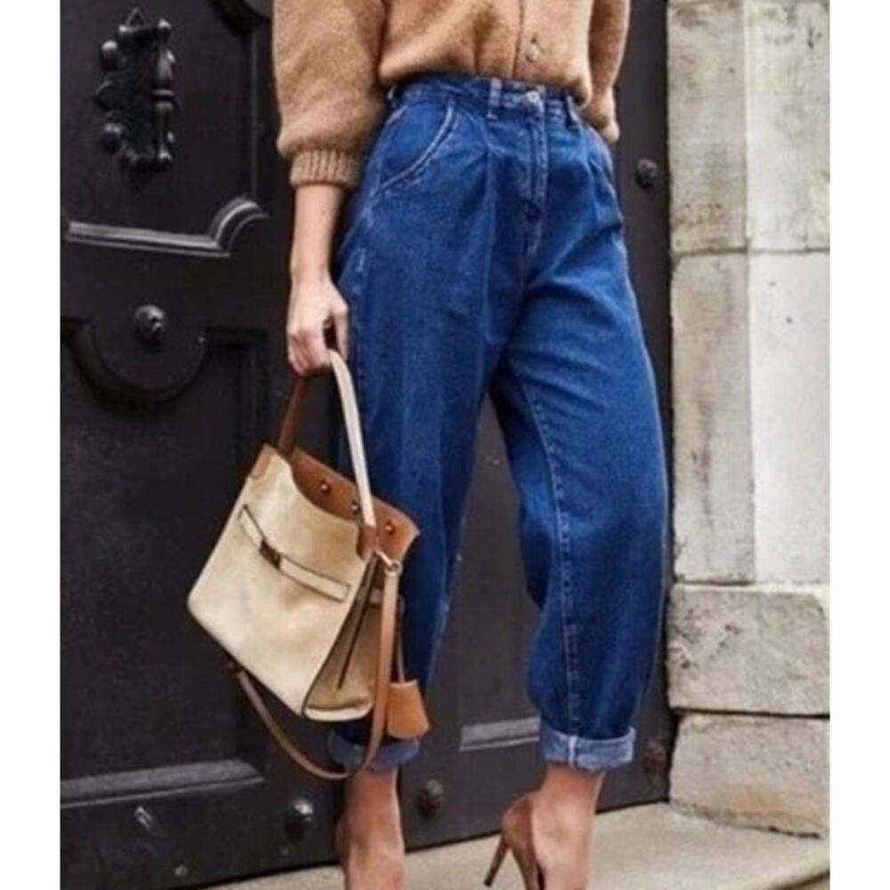 ZARA High Rise Slouchy Balloon Crop Jeans Dark Blue Wash Blogger Favorite Size 2